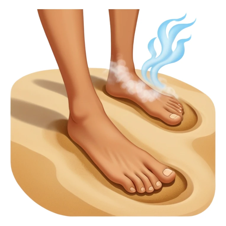 bare foot taking a step on extremely hot beach sand with heat waves and steam rising, showing discomfort without blood sticker