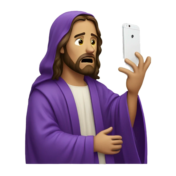 Jesus in purple robe crying about dead phone sticker