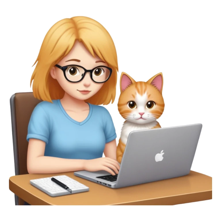 A girl is working hard on a laptop with a cat next to it sticker