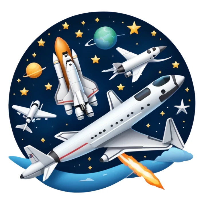An icon featuring a space shuttle, a drone, and an airplane against a starry sky, symbolizing aerospace technology. The design includes rocket boosters and satellite orbits, representing the exploration of space and advanced aviation. Transparent background sticker