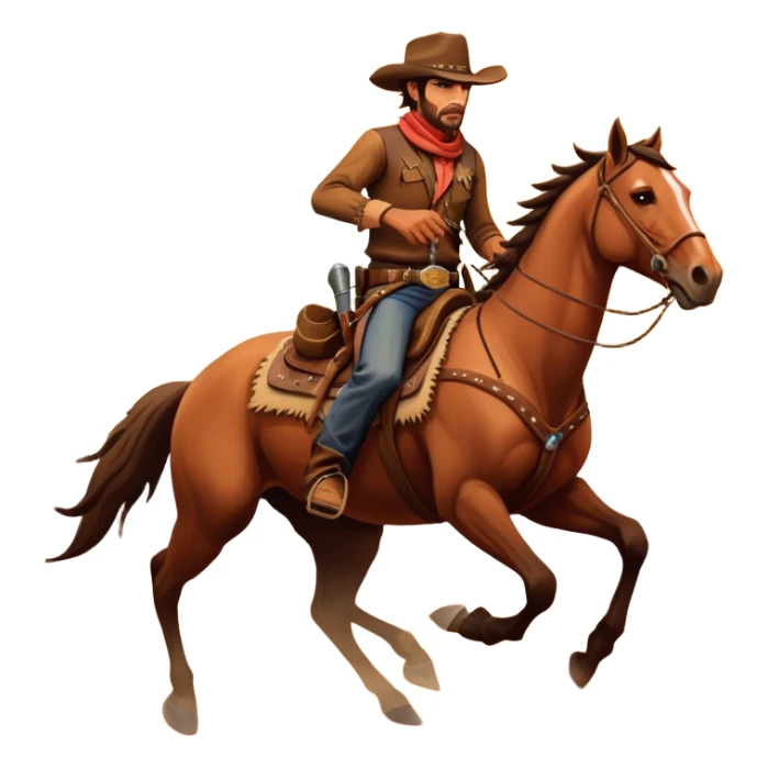 An icon representing an adventure game, inspired by Red Dead Redemption II. The design features a rugged cowboy riding a galloping horse across an open prairie, with towering mesas, cacti, and a golden sunset in the background. The atmosphere conveys freedom, action, and the thrill of the untamed frontier. Transparent background. sticker