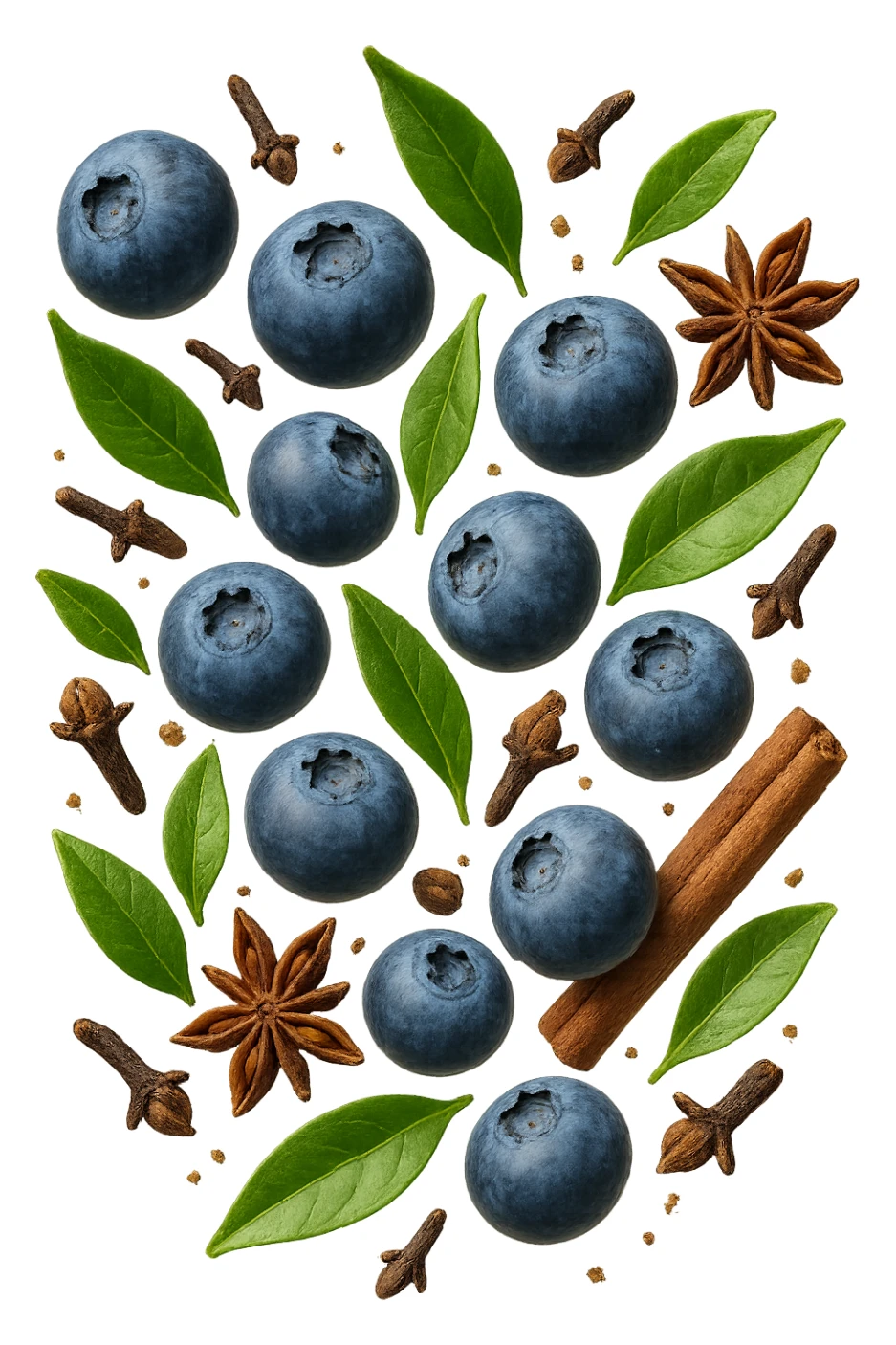 mirtilli, thè verde, spezie, fluttuano in aria, iperrealistico 4k sticker