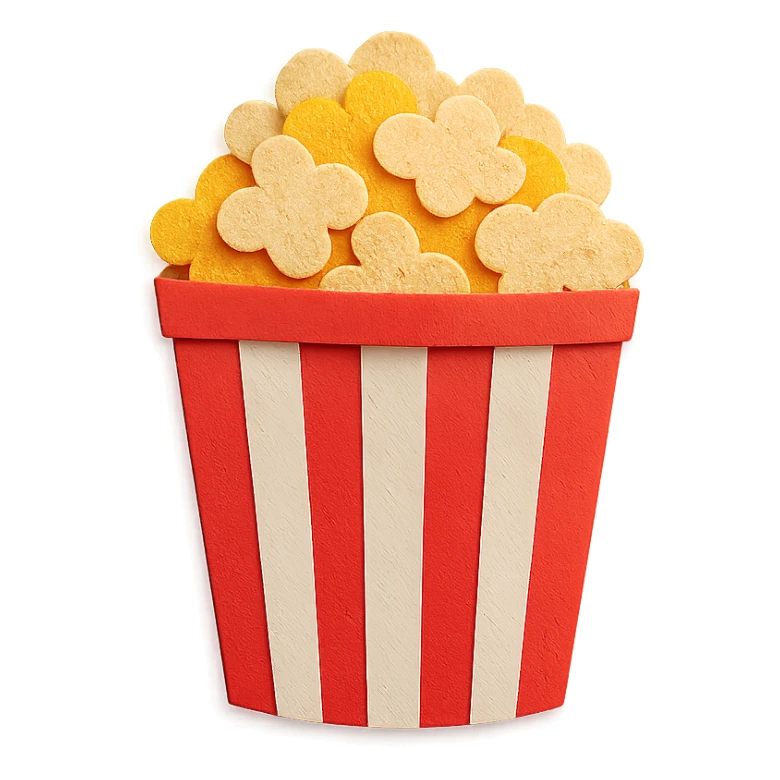 red and white striped movie theater popcorn bucket with buttered popcorn sticker