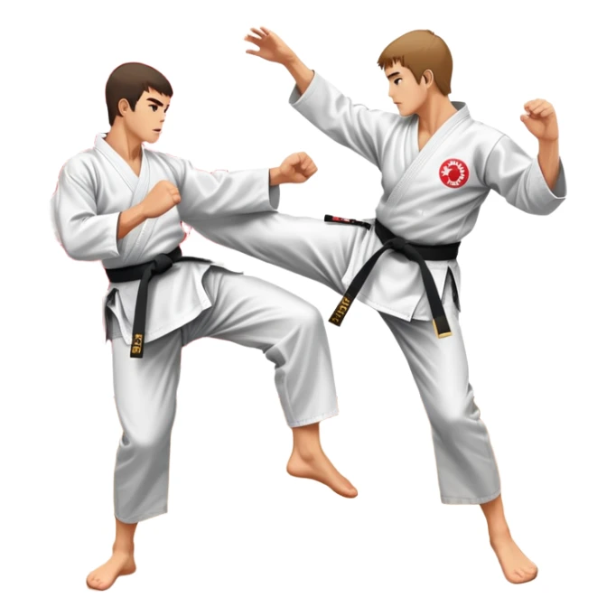 Two karate fighters in traditional gi sparring. One executes a high kick aimed at the opponent’s head, while the other blocks with a strong hand defense. The background features a classic dojo with wooden flooring and banners. Dynamic motion and focused expressions. Transparent background. sticker