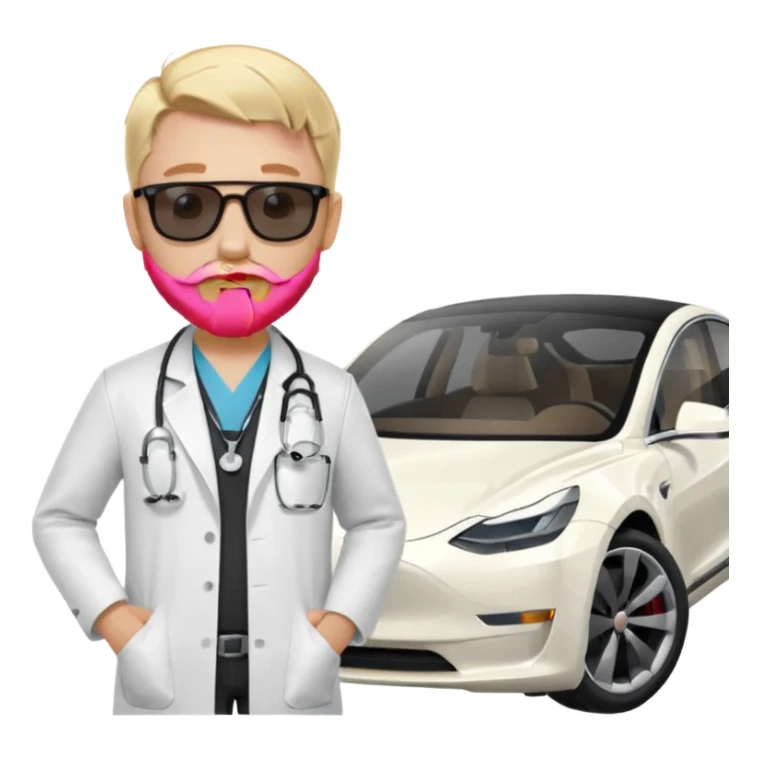 White tesla model 3 and one cool physician with blond hair, beard, stetoscope and dark sunglasses next to it sticker