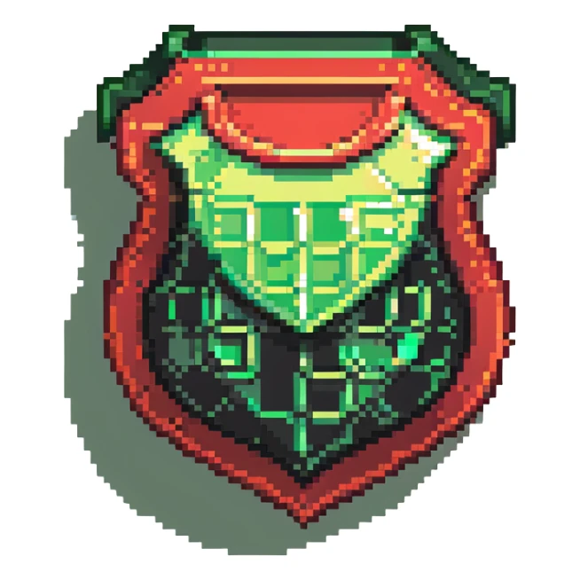 Member badge with a shield shape and green to red gradient background with pixel art details sticker