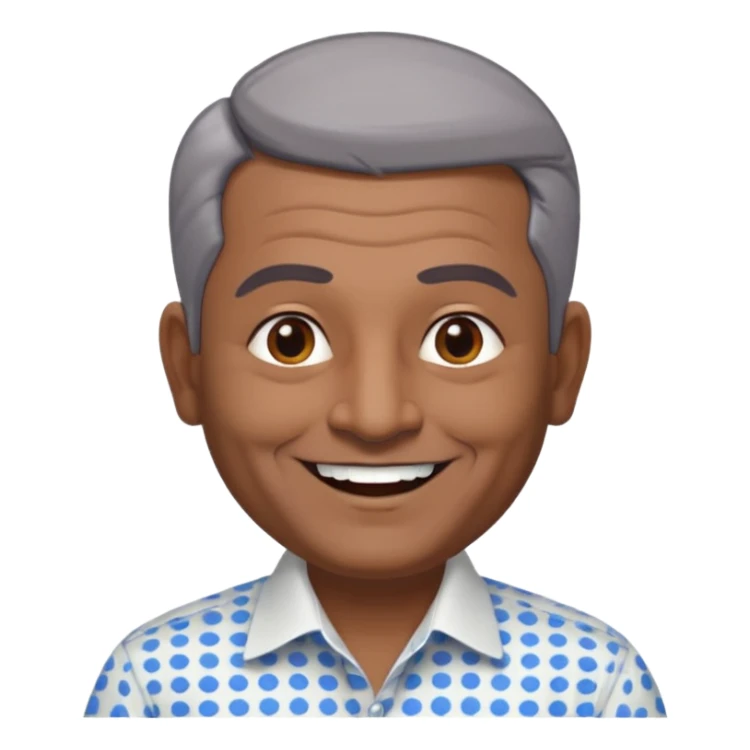 50 yr old indian man, dark skin, grey hair, big smile, white teeth, chubby, no moustache, clean shaven, young style hair, hair brushed back, 5 oclock shadow, bindy dot on forehead, dress shirt sticker