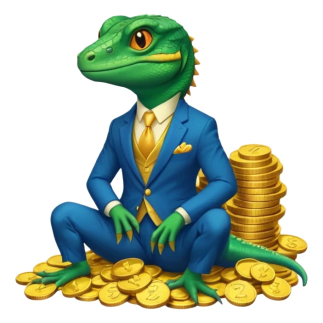 lizard in a blue suit, looking cunning, sitting on a heap of gold coins sticker