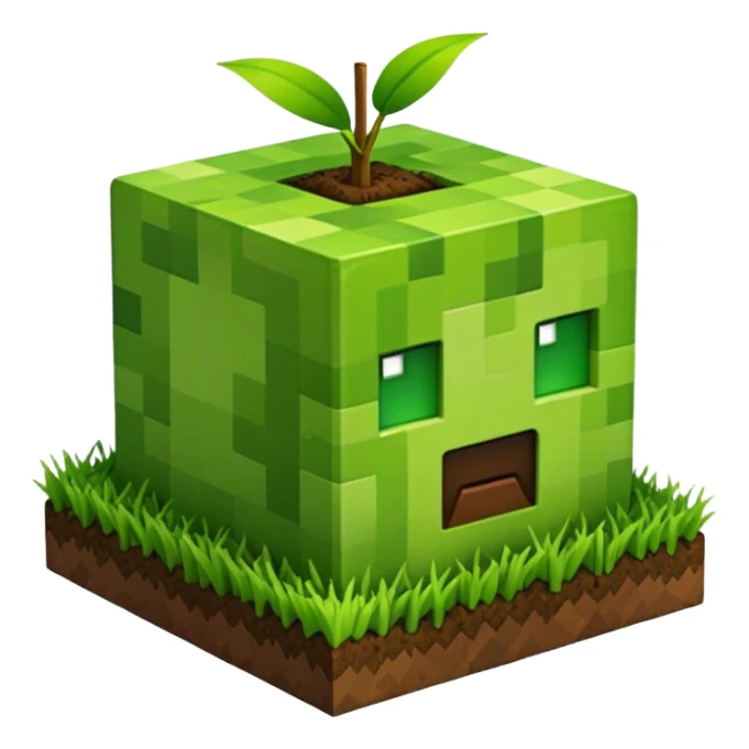 A 3D Apple-style emoji of a Minecraft grass block, cubic shape, with bright green grass on top and brown soil with pixel texture on the sides, simple and cute cartoon design. sticker