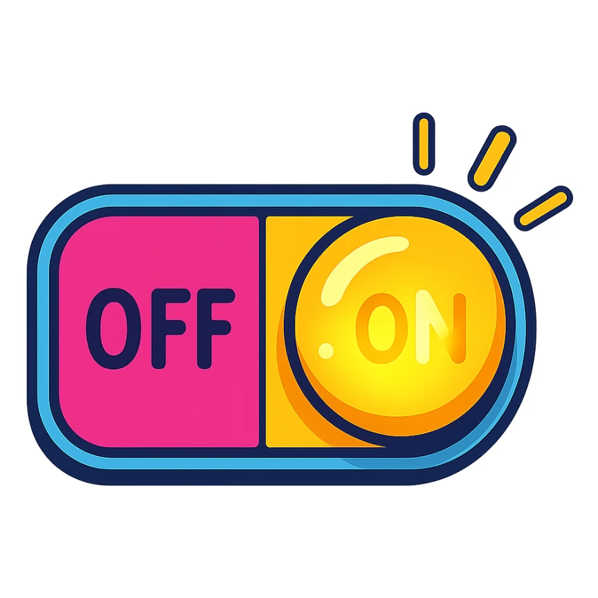 colorful cartoon toggle switch, playful design, ON/OFF label, glowing, symbolizes event system activation sticker