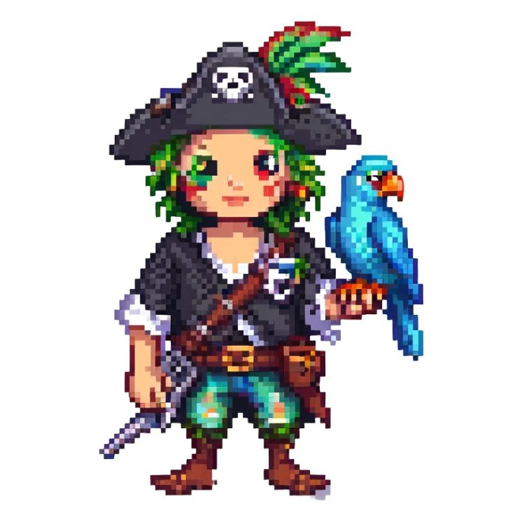 pixel art pirate with a parrot on shoulder sticker