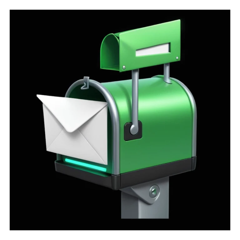 green mailbox robot, futuristic style, black background, glowing details, white envelope with code inside, modern tech aesthetic
 sticker