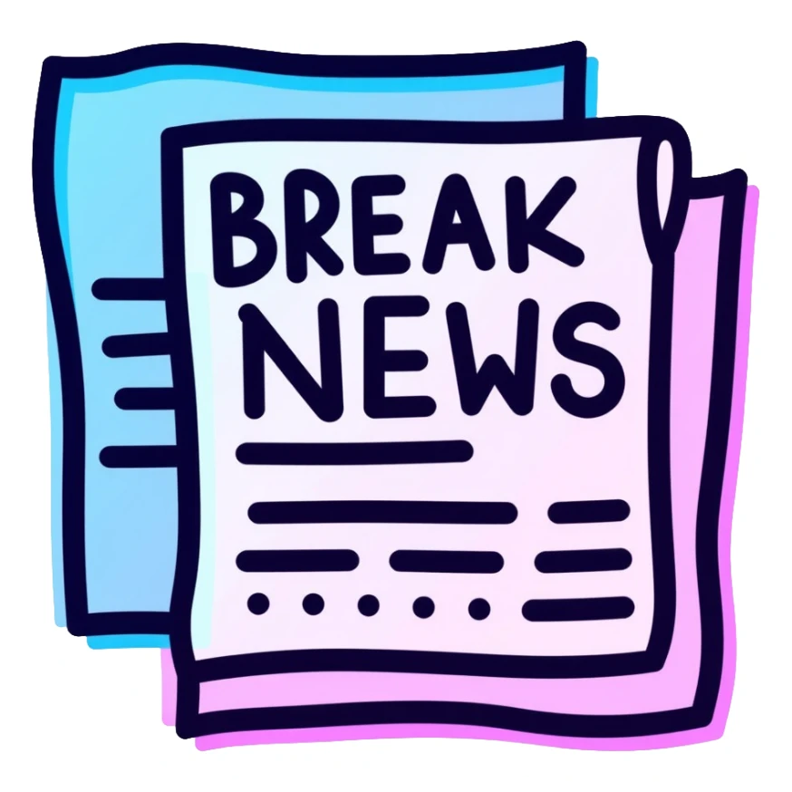 newspaper with breaking news headline, neon glow effect, blue neon glow on top left, purple neon glow on bottom right sticker