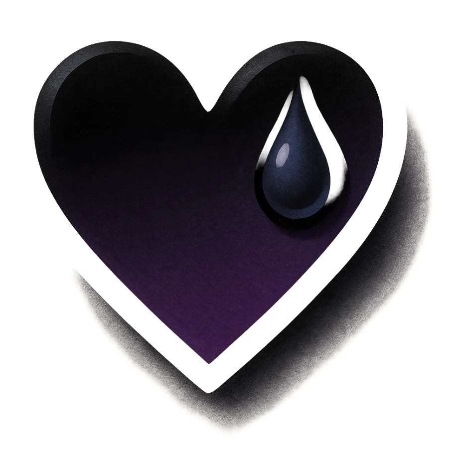 emo emoji, black outline heart, purple and black gradient, teardrop, dramatic shadows sticker