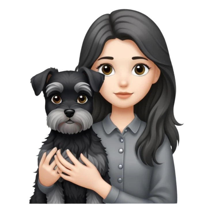 A long-haired girl holding a black and silver schnauzer sticker