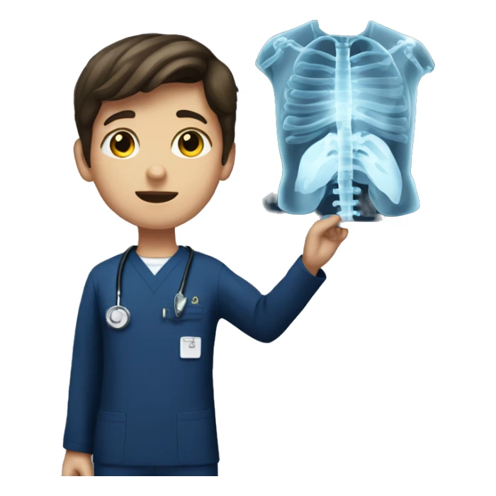 Brunette boy in navy scrubs looking at an X-ray  sticker