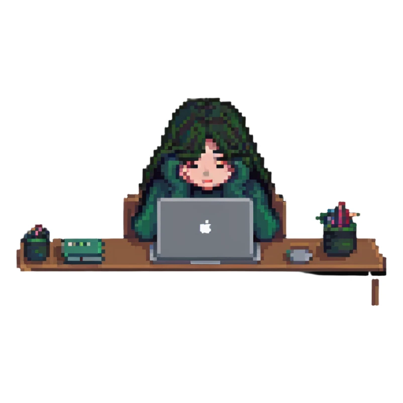 girl hiding her face while working behind a MacBook, pixel art style sticker