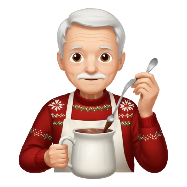 A gentle old man in a festive sweater and a white apron, stirring a pot of rich hot chocolate. sticker