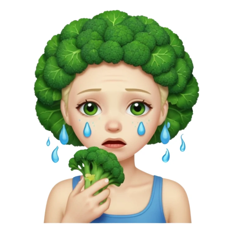 Woman crying eating broccoli. make tears blue color sticker