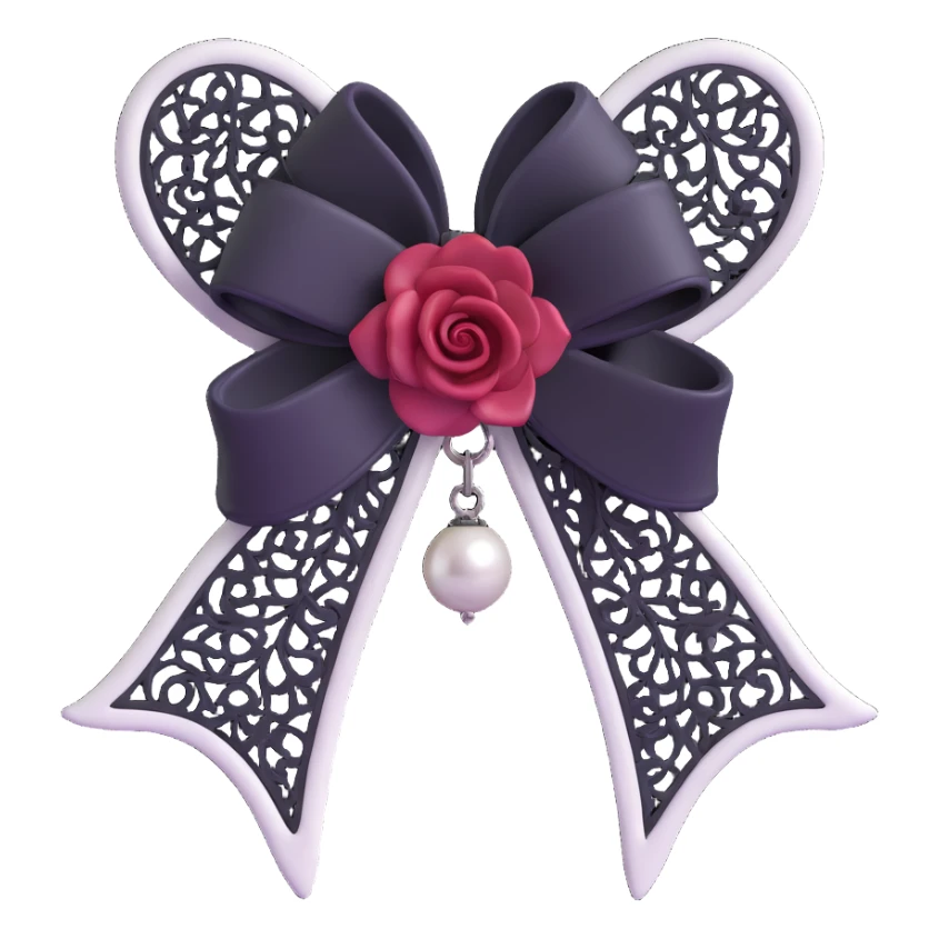 3D emoji gothic bow, white leather, silver bat charm, black rose center, black lace trim, dark pearl details sticker