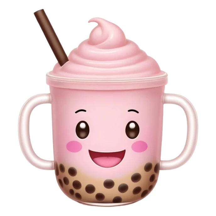 Cute Kawaii Boba Tea Cup, with a happy smiling face, chubby round shape, pastel pink and brown colors, soft glowing highlights, adorable tapioca pearls floating inside, sparkling eyes full of joy! sticker