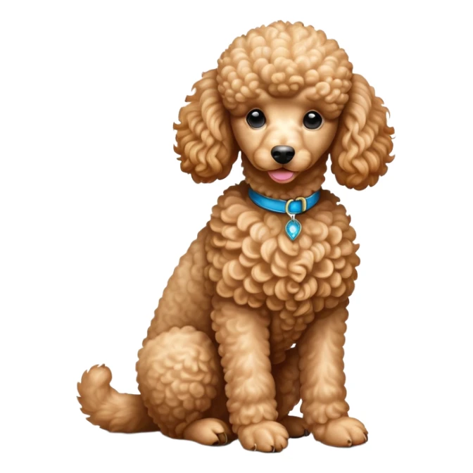 cinematic-[poodle]-realistic-full-body-sitting-emoji,-tail-resting-loosely-beside-its-paws,-head-tilted-dramatically, -curly-[apricot]-fur,-simplified-yet-realistic-focused-features,-highly-detailed,-glowing-with-an-almost-sarcastic-glow sticker