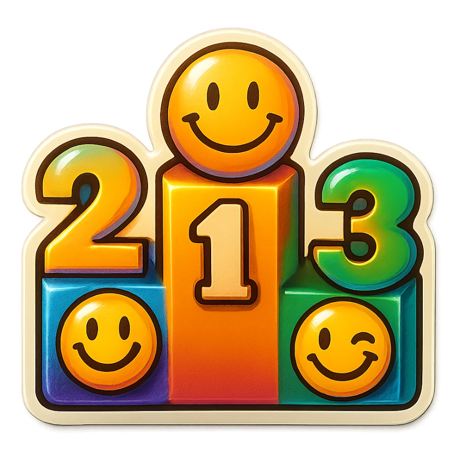 Fix the podium numbers so they are in order 2, 1, 3 from left to right. Keep the cheerful emoji style with vibrant colors and playful expressions. sticker