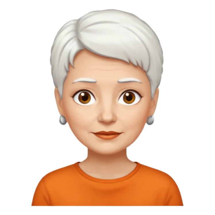older white haired woman with orange shirt short white hair make eyebrows brown sticker