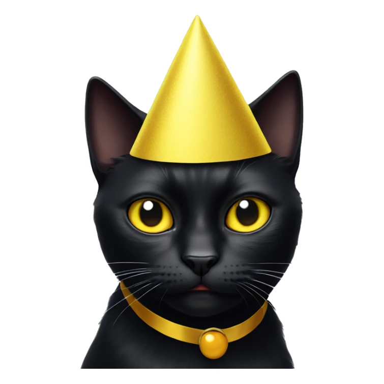 Black cat with angry yellow eyes wearing a party cap sticker