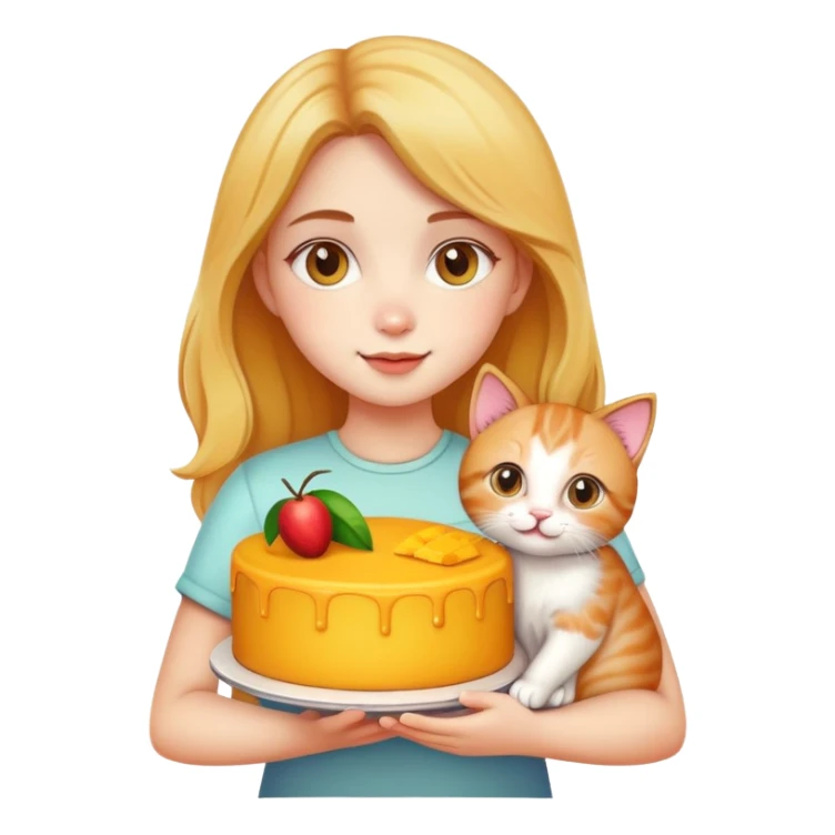 Beautiful girl holding a big mango cake and a kitten in her hands sticker