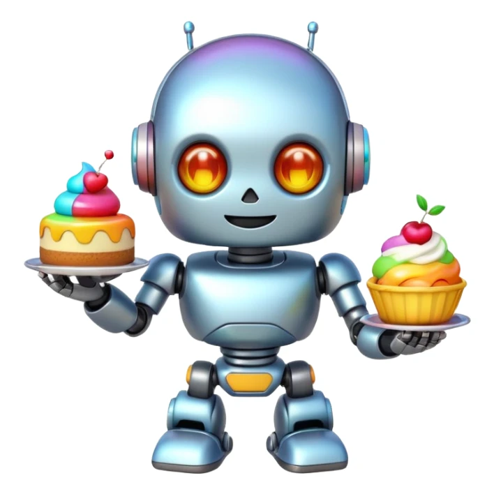 The cute robot is holding dessert in its hands, 3d emoji sticker