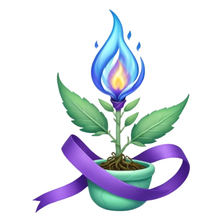 Blue flame enveloping a green sage sprout surrounded by a purple ribbon sticker