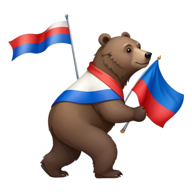 Darker brown grizzly bear walking on four paws with Russian flag (white, blue, red) on its back, natural pose sticker