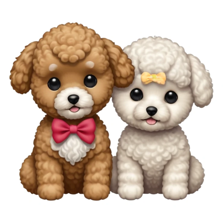 Two small, fluffy dogs with a toy poodle / bichon-like appearance, both with round faces, black button eyes, and short snouts. Their fur is bright white, tightly curled, and freshly groomed, styled in a plush, teddy-bear cut. sticker
