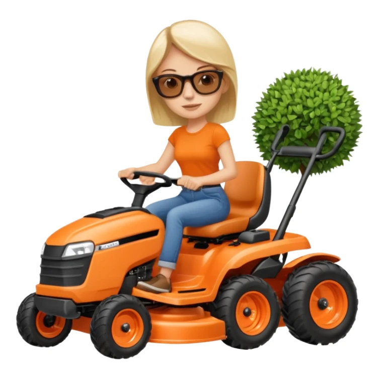 White woman on orange ride on lawn mower cutting lawn sticker