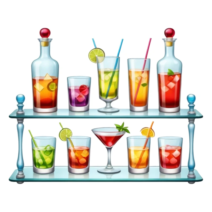 A glass shelf filled with cocktail bottles and fancy drinking glasses.
 sticker