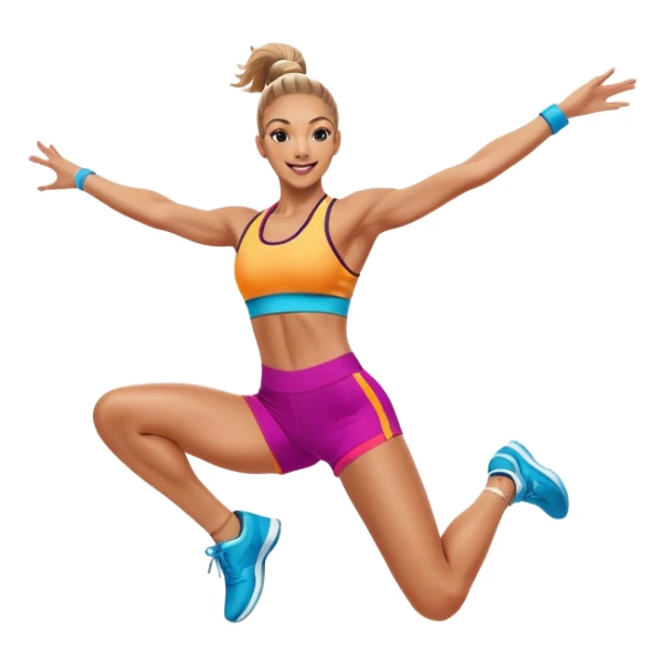 Professional aerobics performer mid-jump with arms extended, showcasing energy, flexibility, and coordination. The background features a vibrant gym setting with fitness equipment and bright colors, capturing the dynamic motion of aerobics. sticker