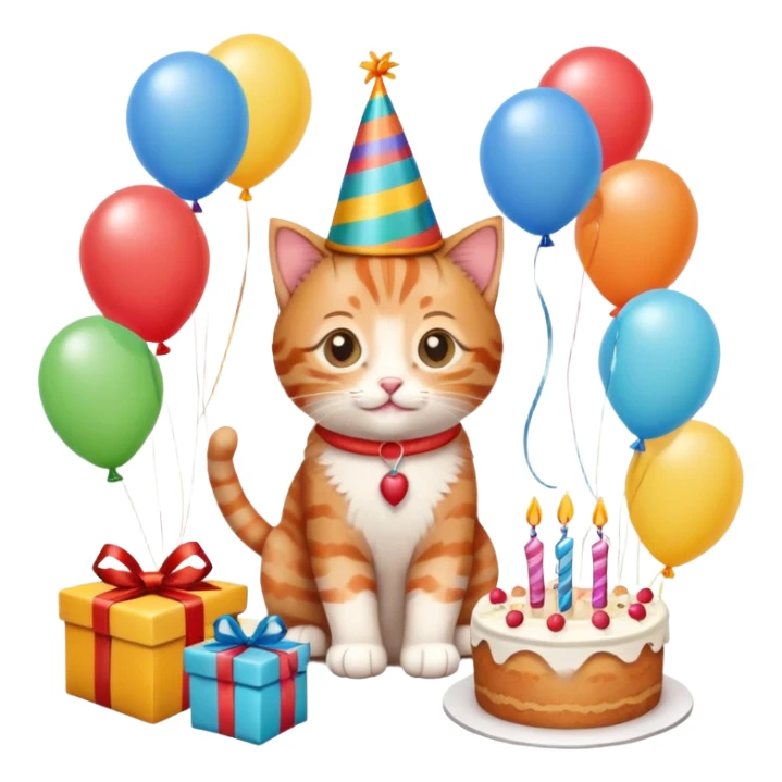 Ginger tabby kitten birthday, birthday hat, birthday cake, balloons, happy, gifts sticker