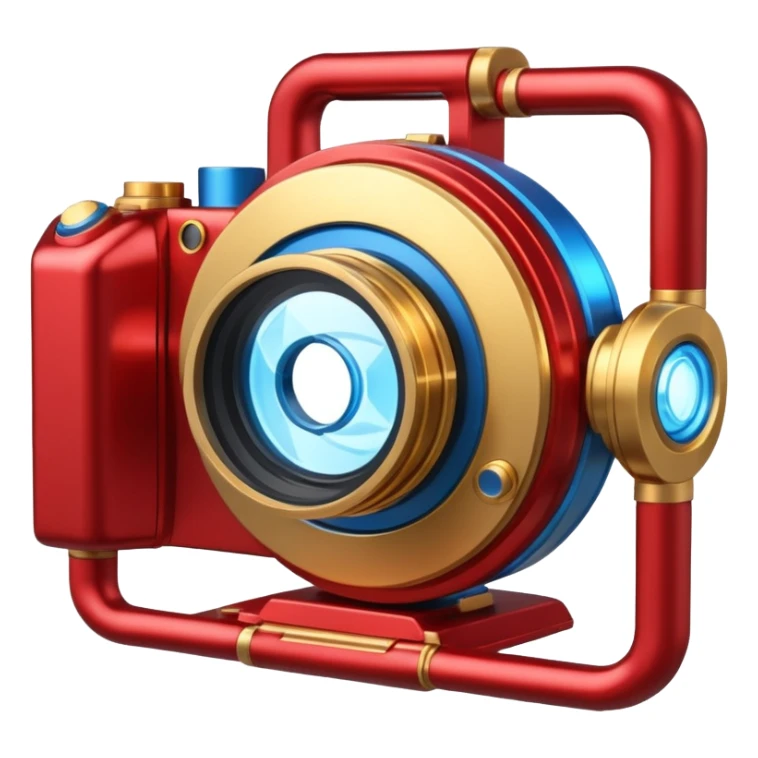 🎬🤖 Create a video project icon inspired by Iron Man: a sleek film camera with metallic red and gold accents, glowing with blue arc reactor energy. sticker