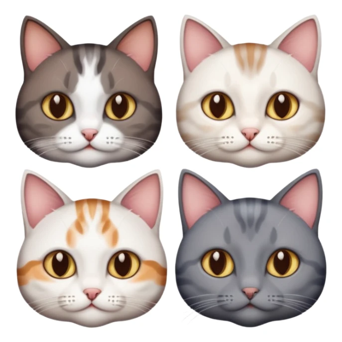 4 different coloured short haired cats including; a dark brown tabby and white cat, and a dark grey and white  sticker