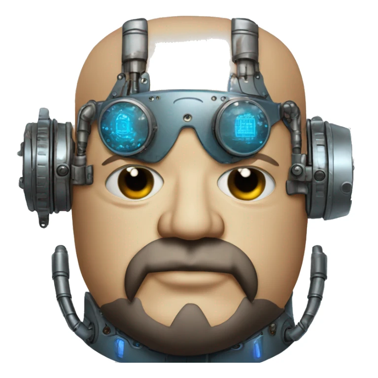 Bearded Fat bald cyborg head with tan skin, blue steampunk goggles and circuits sticker