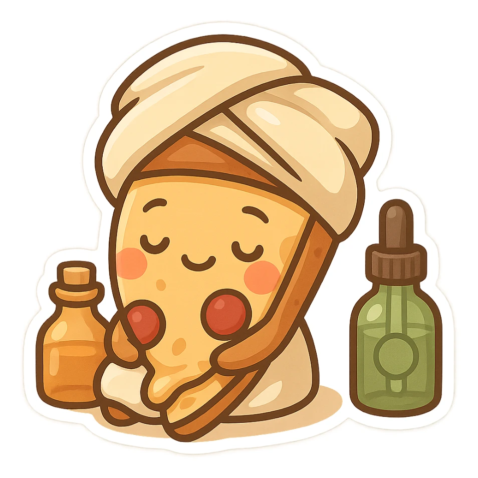 pizza slice being pampered at a spa, with a towel and massage oils, humorous and friendly sticker
