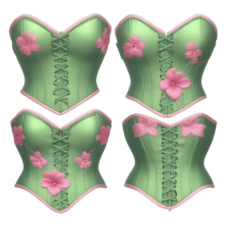 Sage green corset with pink flower embroidery, isolated sticker