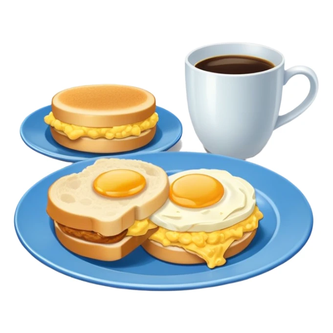 a blue plate with breakfast sandwiches and scrambled eggs and a cup of white coffee sticker