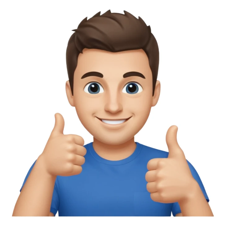 Brian Chesky as an apple-style emoji, smiling, giving a thumbs up, wearing blue t-shirt sticker