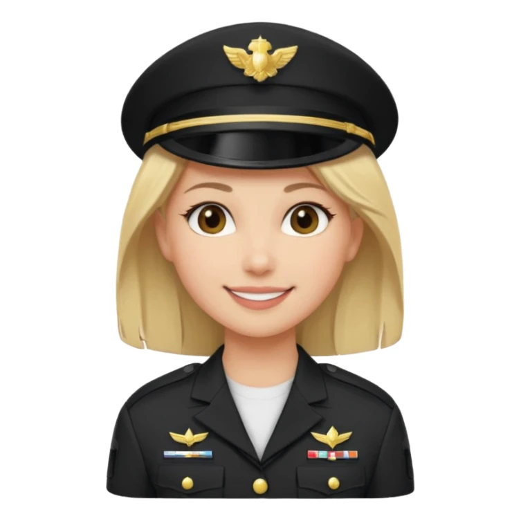 Apple-style emoji: female soldier, bust, no cap/helmet, friendly smile,black color blonde hair sticker
