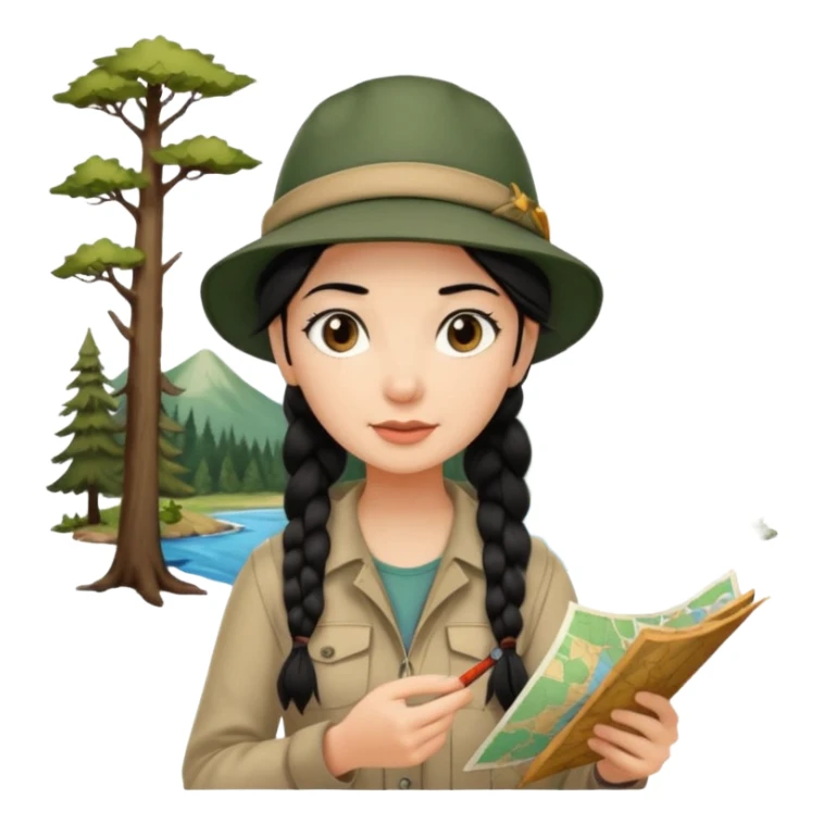 A braid black hair backpacking woman checking her map with curious eyes while walking in the woods with camping hat sticker
