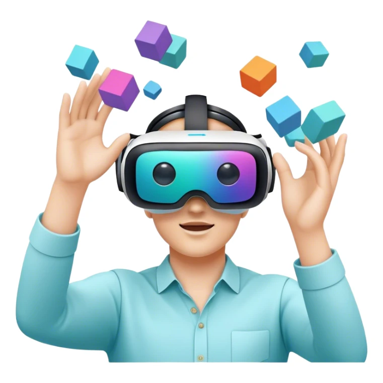 humanless emoji for the creation of VR/AR technology. Show a designer's hands holding a VR headset or AR glasses, with floating 3D models or virtual objects being manipulated in the air. Use modern, tech-inspired colors. Do not include any emojis or smiley faces. Make the background transparent. sticker