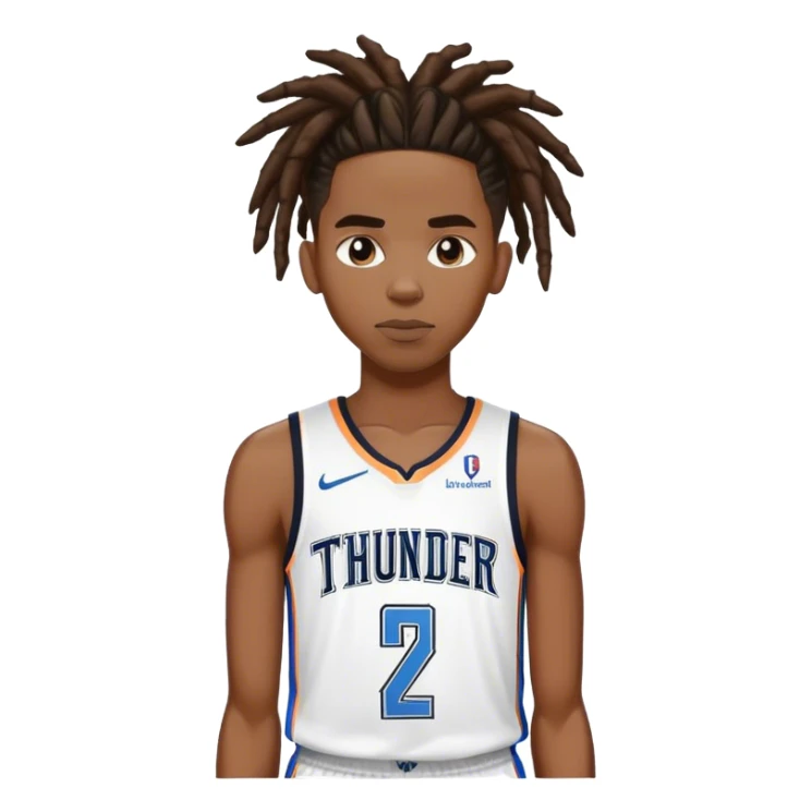 Shai Gilgeous Alexander with pulled back dreds and a thunder jersey and number 2 sticker