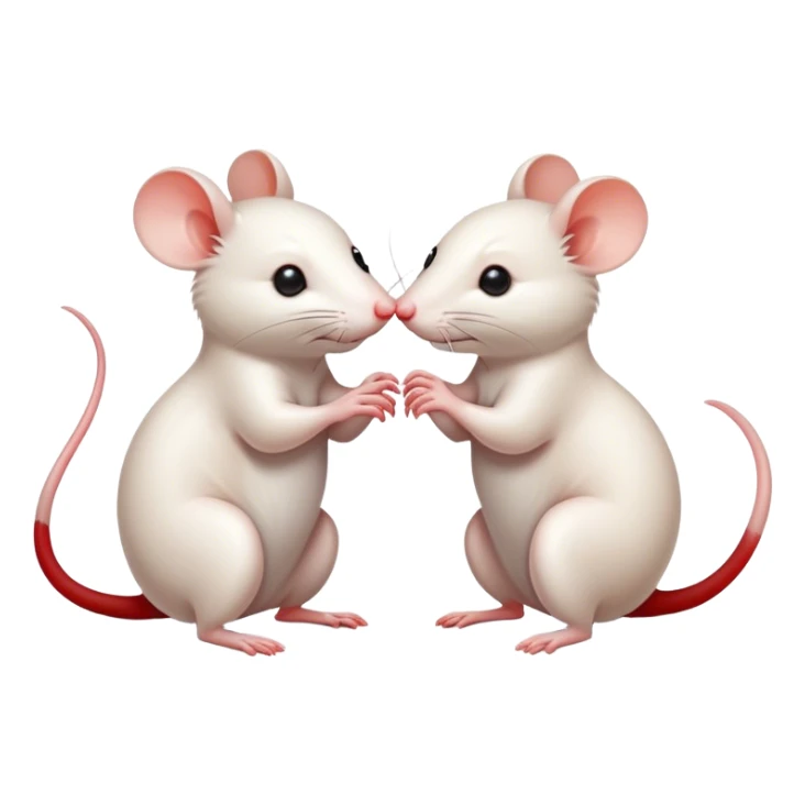 Two cute rats interact with each other in different ways. One rat is white, the other rat is red sticker
